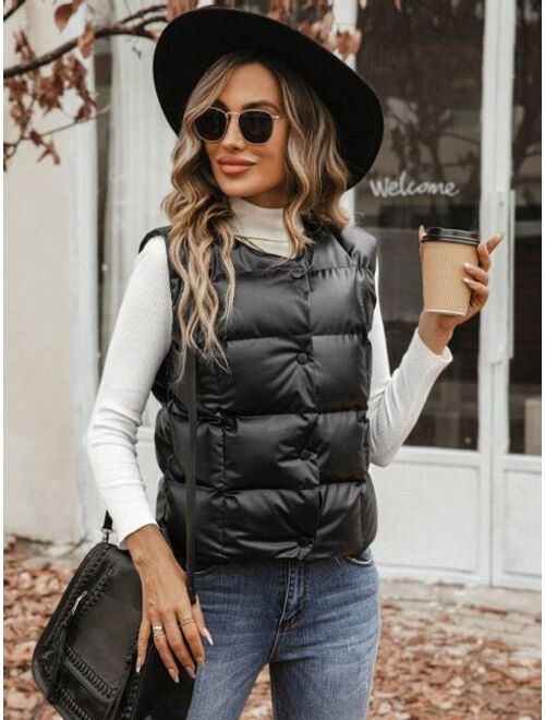 SHEIN Essnce Solid Button Front Vest Puffer Coat