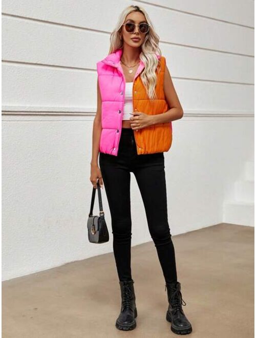 SHEIN Essnce Two Tone Snap Button Vest Puffer Coat