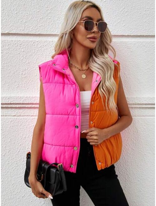 SHEIN Essnce Two Tone Snap Button Vest Puffer Coat