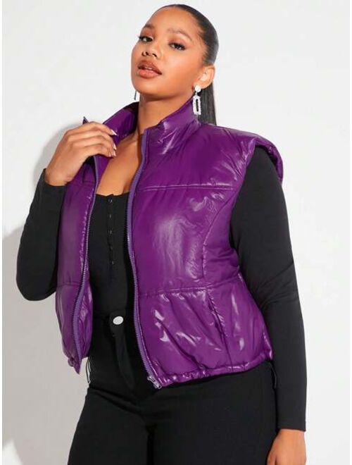 SHEIN SXY Plus Drawstring Hem Zipper Vest Puffer Coat