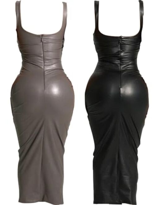 Zebaexf Women's Pu Leather Sleeveless Bodycon Dress Ruched Tank Dress Party Bodycon Dress