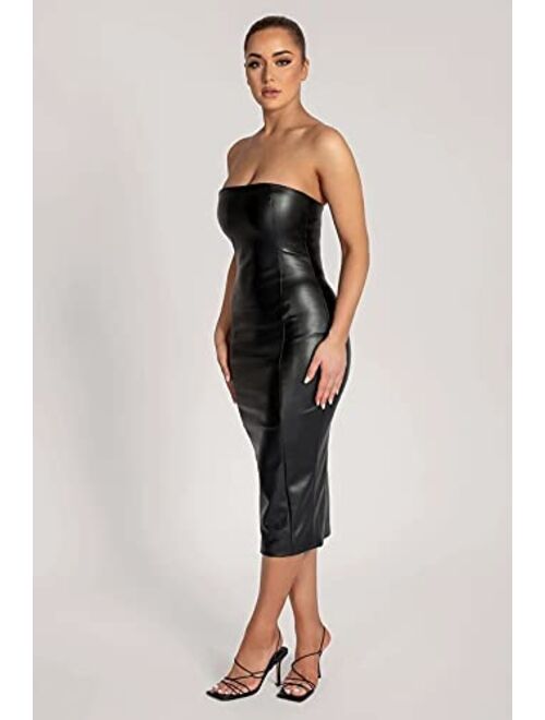 XLLAIS Women Sexy Strapless Tube Top Club Midi Dress Off Shoulder Bodycon Party Faux Leather Dress