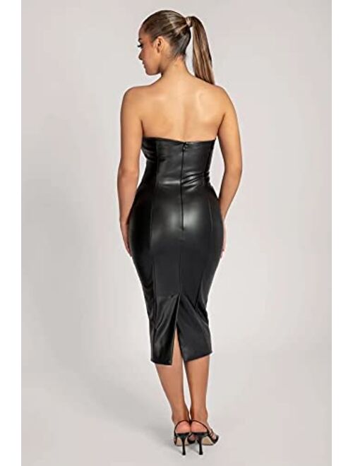 XLLAIS Women Sexy Strapless Tube Top Club Midi Dress Off Shoulder Bodycon Party Faux Leather Dress