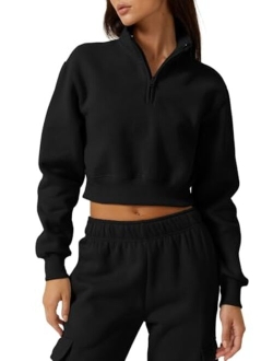 Womens Half Zip Crop Sweatshirt High Neck Long Sleeve Pullover Cropped Top
