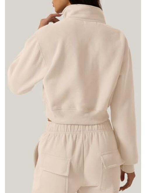 QINSEN Womens Half Zip Crop Sweatshirt High Neck Long Sleeve Pullover Cropped Top
