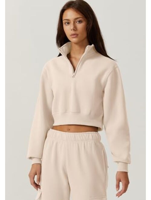 QINSEN Womens Half Zip Crop Sweatshirt High Neck Long Sleeve Pullover Cropped Top