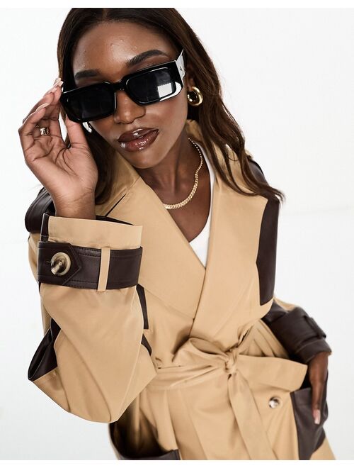 4th & Reckless trench coat with faux leather paneling in brown