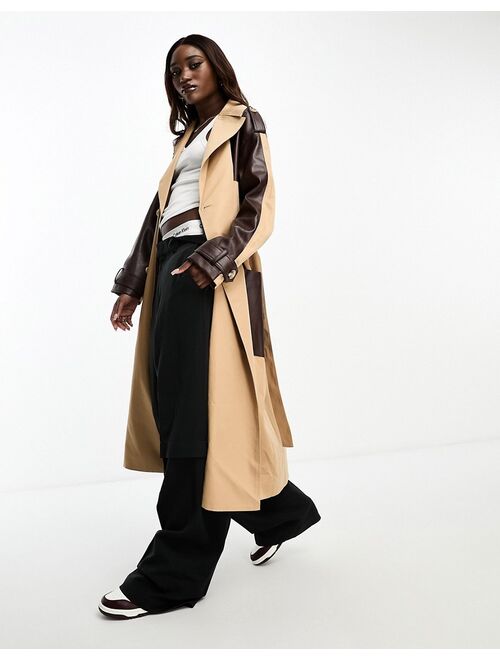 4th & Reckless trench coat with faux leather paneling in brown