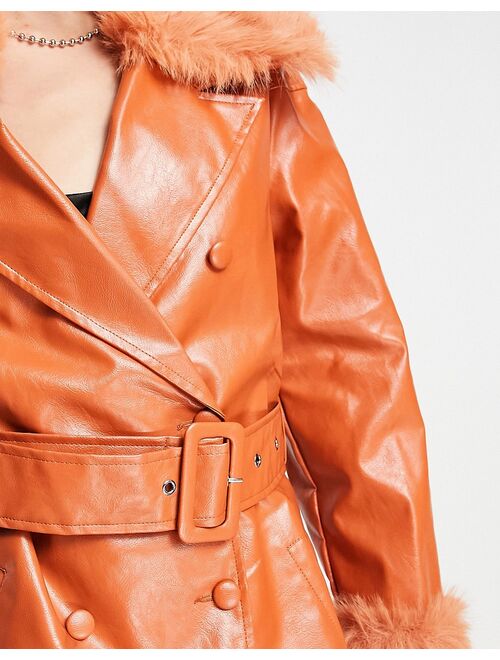 Extro & Vert PU trench coat with faux fur collar and cuffs in orange