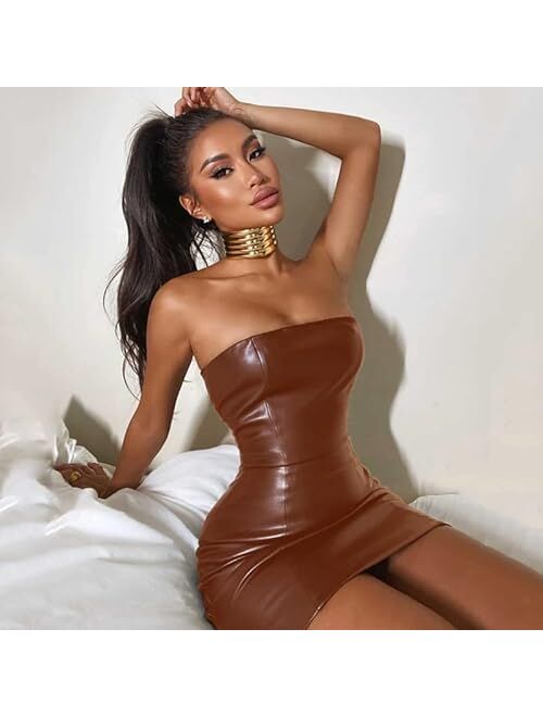 Achieer Women Sexy Strapless Bodycon PU Leather Ruched Latex Dress for Club Party