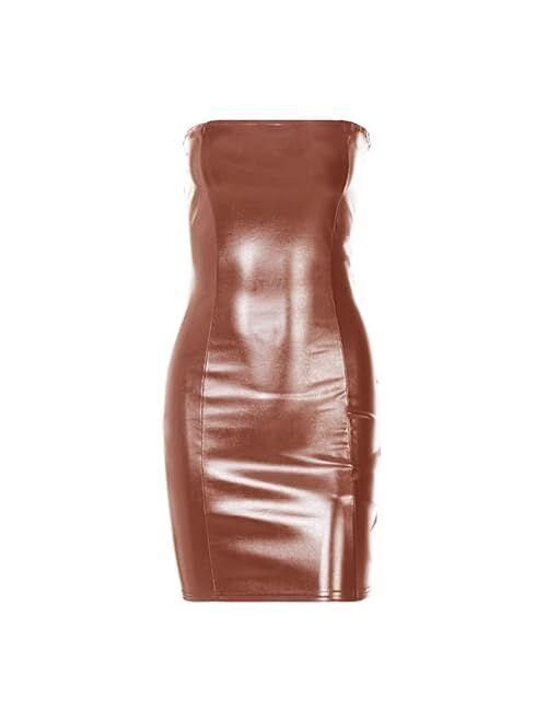 Achieer Women Sexy Strapless Bodycon PU Leather Ruched Latex Dress for Club Party