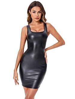 Women's Sleeveless Bodycon Tank Dress PU Leather Mini Dresses