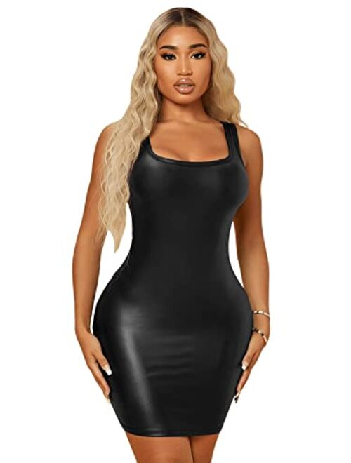 SweatyRocks Women's Sleeveless Bodycon Tank Dress PU Leather Mini Dresses