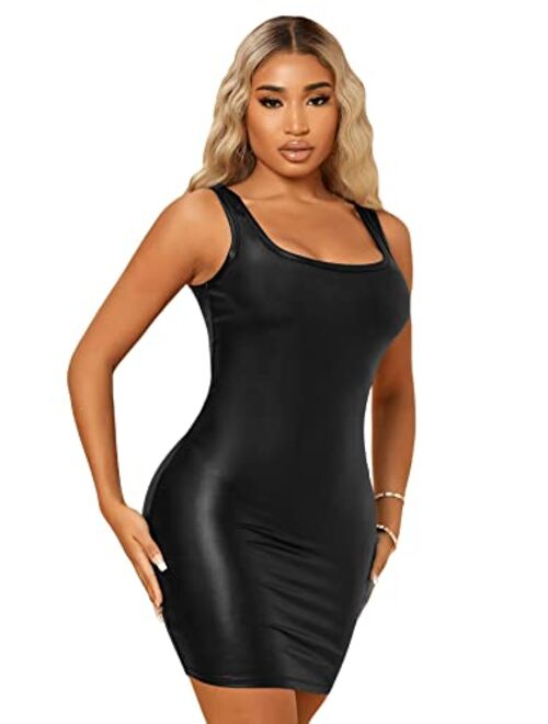 SweatyRocks Women's Sleeveless Bodycon Tank Dress PU Leather Mini Dresses