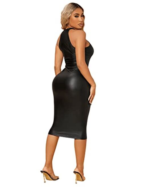 SweatyRocks Women's Sleeveless Halter PU Leather Cut Out Dress Bodycon Midi Party Dress