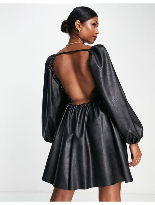 ASOS DESIGN tiered PU mini smock dress with blouson sleeve in black