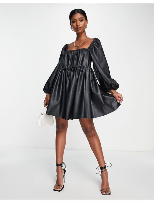 ASOS DESIGN tiered PU mini smock dress with blouson sleeve in black