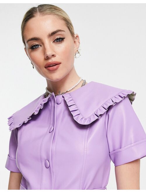 Reclaimed Vintage inspired leather look mini dress with statement collar in lilac