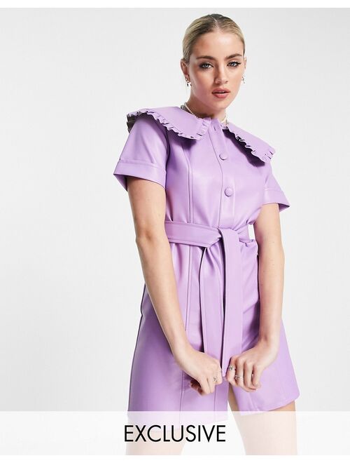 Reclaimed Vintage inspired leather look mini dress with statement collar in lilac