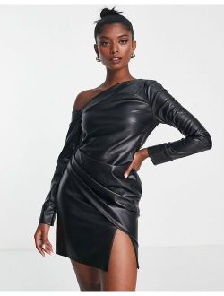 off shoulder PU mini dress with pleat detail in black