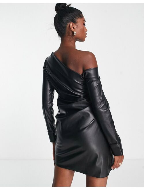 ASOS DESIGN off shoulder PU mini dress with pleat detail in black