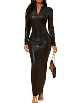 Women's Faux PU Leather Long Sleeve V Neck Maxi Bodycon Dress
