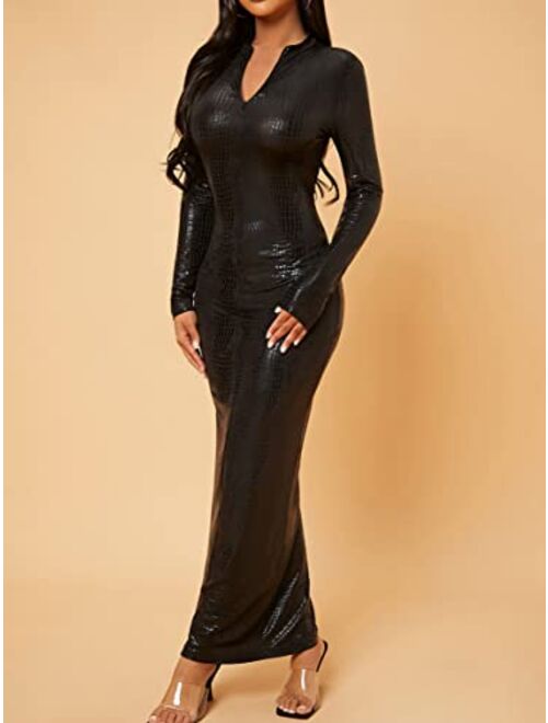 MakeMeChic Women's Faux PU Leather Long Sleeve V Neck Maxi Bodycon Dress