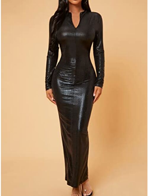 MakeMeChic Women's Faux PU Leather Long Sleeve V Neck Maxi Bodycon Dress