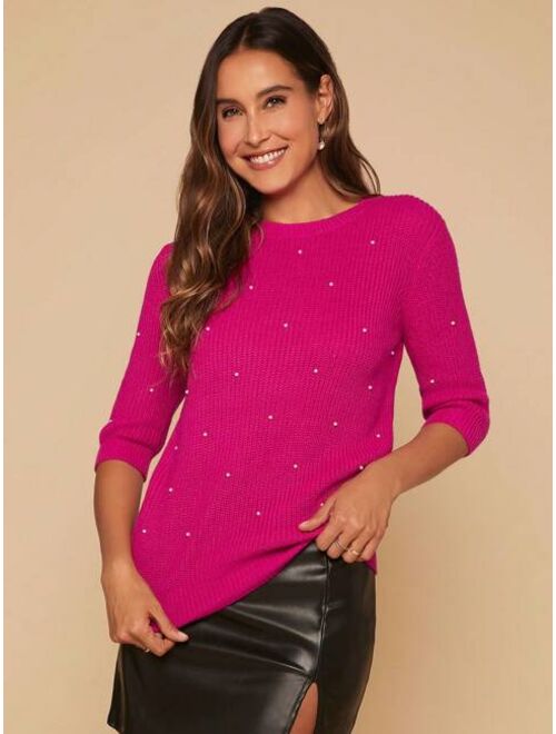 SHEIN Clasi Pearls Beaded Solid Sweater