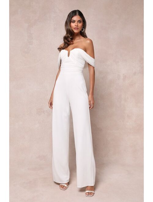 Lulus Gorgeous Fantasy White Mesh Ruched Off-the-Shoulder Jumpsuit