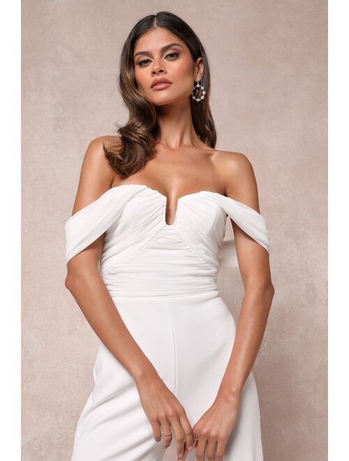Lulus Gorgeous Fantasy White Mesh Ruched Off-the-Shoulder Jumpsuit