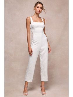 Exceptional Vision White Textured Jacquard Backless Bow Jumpsuit