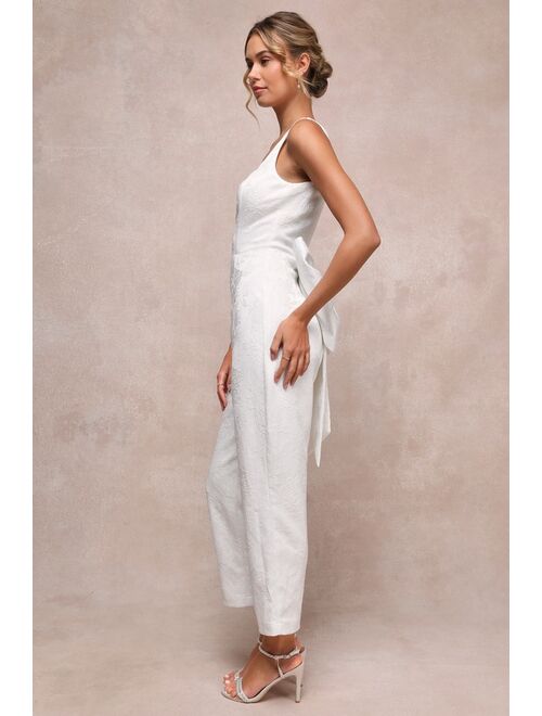 Lulus Exceptional Vision White Textured Jacquard Backless Bow Jumpsuit