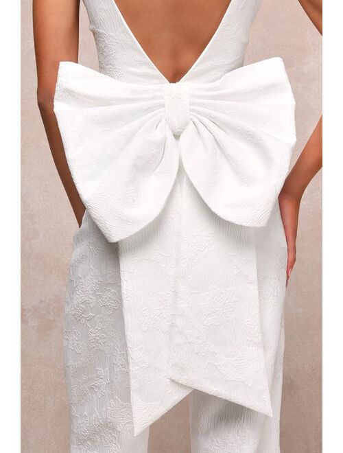 Lulus Exceptional Vision White Textured Jacquard Backless Bow Jumpsuit