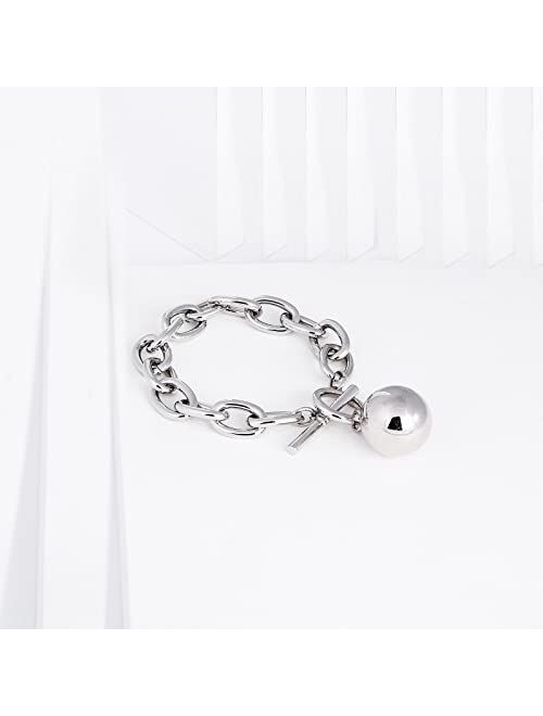 Planch Women Chunky Link Silver Bracelet: White Gold Plated Hypoallergenic OT Toggle Clasp Bracelet - Simple Dainty Ball Charm Wide Cable Chain Jewelry - Fashion Party Gi