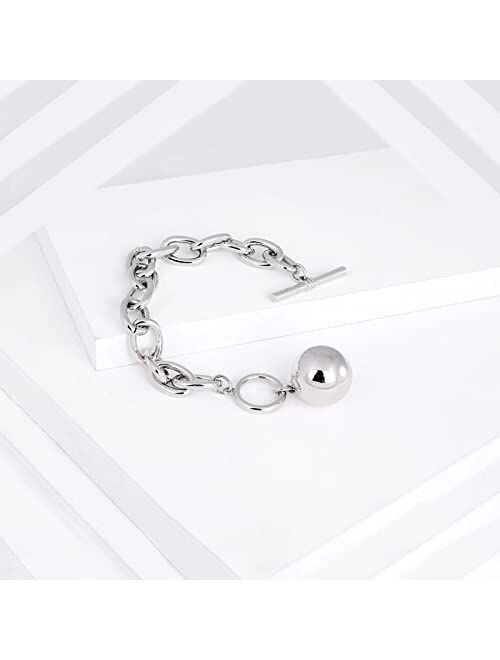 Planch Women Chunky Link Silver Bracelet: White Gold Plated Hypoallergenic OT Toggle Clasp Bracelet - Simple Dainty Ball Charm Wide Cable Chain Jewelry - Fashion Party Gi