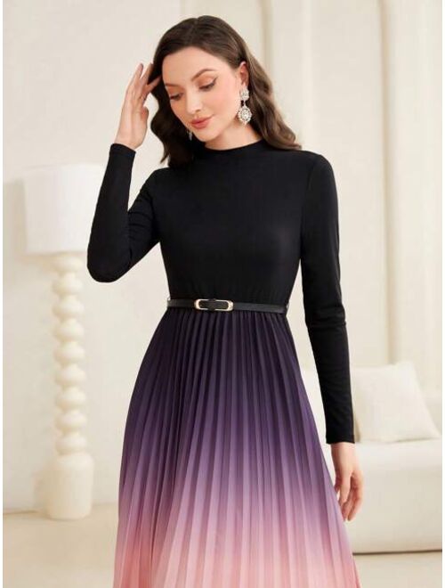 SHEIN Modely Ombre Pleated Hem Dress With Belt