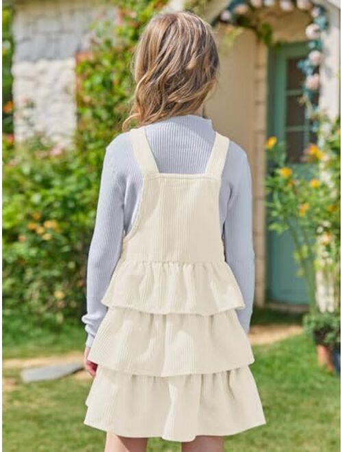 Batermoon Girls Dress Suspender Dresses Ruffle Corduroy Sleeveless Princess Overalls Skirt with One Pocket 4-14 Years