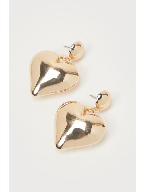 Lulus Adorable Love Gold Puffy Heart Statement Earrings