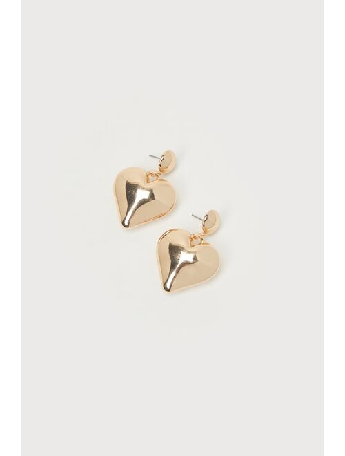 Lulus Adorable Love Gold Puffy Heart Statement Earrings