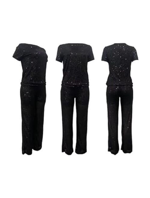 LROSEY Women's Two-Piece Sequin-Embellished Set with Short Sleeve Top and Straight Pants