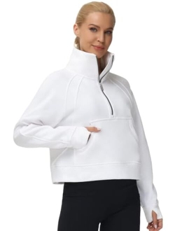 Womens' Half Zip Pullover Fleece Stand Collar Crop Sweatshirt with Pockets Thumb Hole
