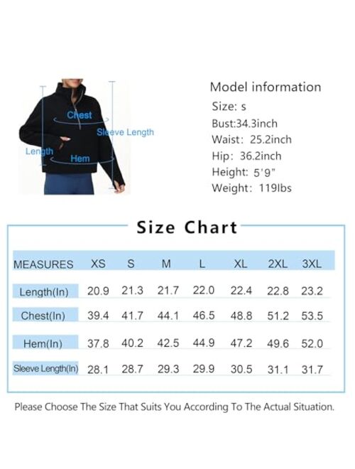 THE GYM PEOPLE Womens' Half Zip Pullover Fleece Stand Collar Crop Sweatshirt with Pockets Thumb Hole
