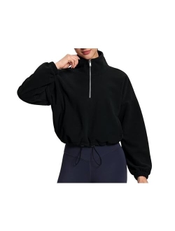 Womens Half Zip Crop Pullover Sweatshirt Fleece Stand Collar Workout Tops with Pockets Drawstring Hem