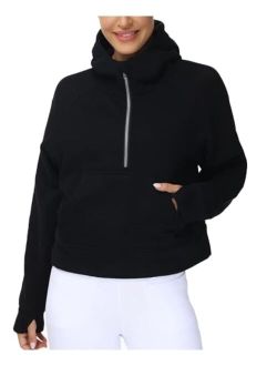 Womens' Hoodies Half Zip Long Sleeve Fleece Crop Pullover Sweatshirts with Pockets Thumb Hole