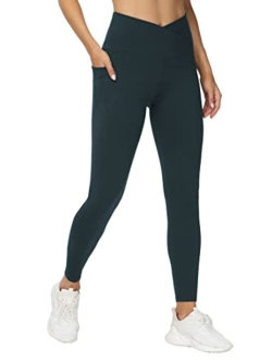 Womens' V Cross Waist Workout Leggings with Tummy Control and Pockets