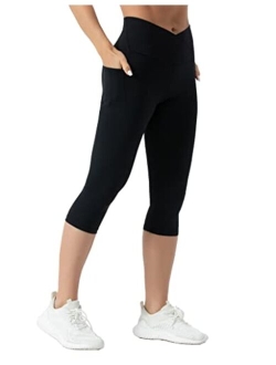 Womens' V Cross Waist Workout Leggings with Tummy Control and Pockets