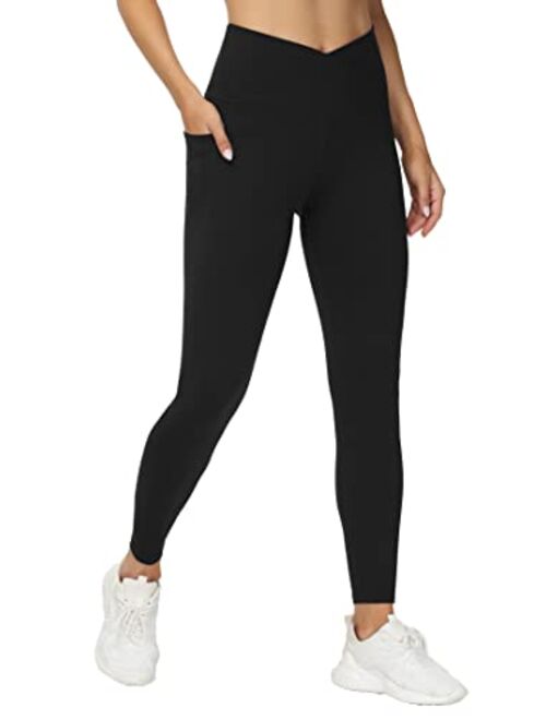 THE GYM PEOPLE Womens' V Cross Waist Workout Leggings with Tummy Control and Pockets