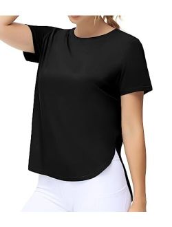Women's Workout T-Shirts Loose Fit Short Sleeve Cotton Running Basic Tee Tops with Split Hem