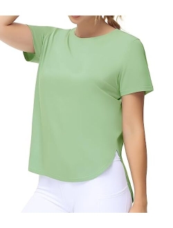 Women's Workout T-Shirts Loose Fit Short Sleeve Cotton Running Basic Tee Tops with Split Hem